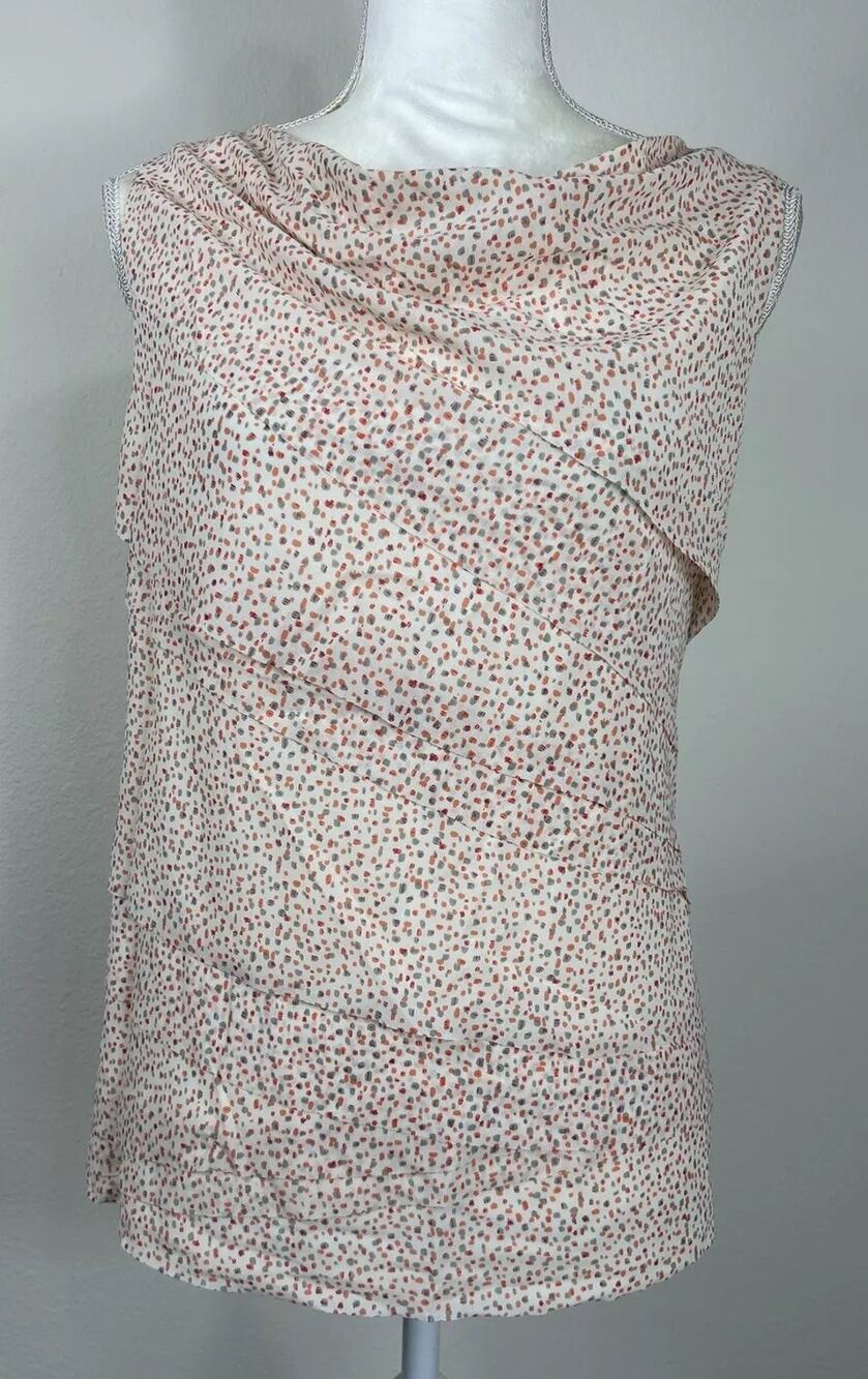 Ann Taylor Cowl Neck Sleeveless Polka Dot Blouse Cream Brown Size L